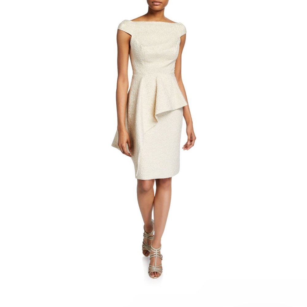 RICKIE FREEMAN TERI JON GOLD ASYMMETRICAL METALLIC PEPLUM DRESS SIZE 2